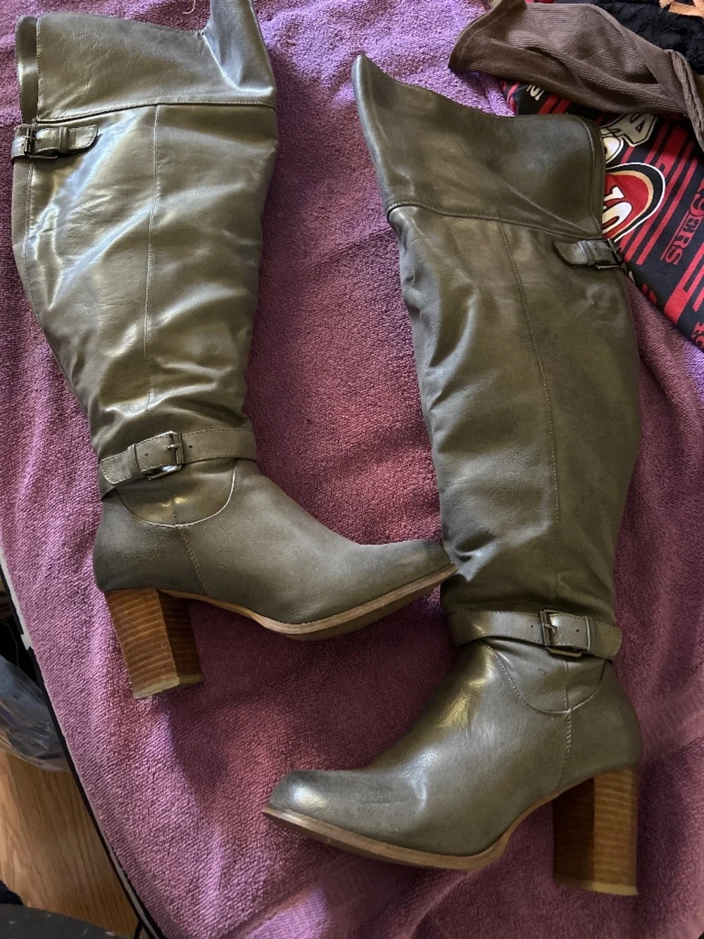 Gray knee high boots